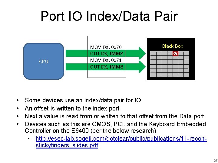 Port IO Index/Data Pair CPU • • MOV DX, 0 x 70 OUT DX,