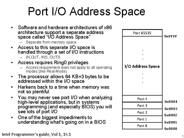 Port I/O Address Space • Software and hardware architectures of x 86 architecture support