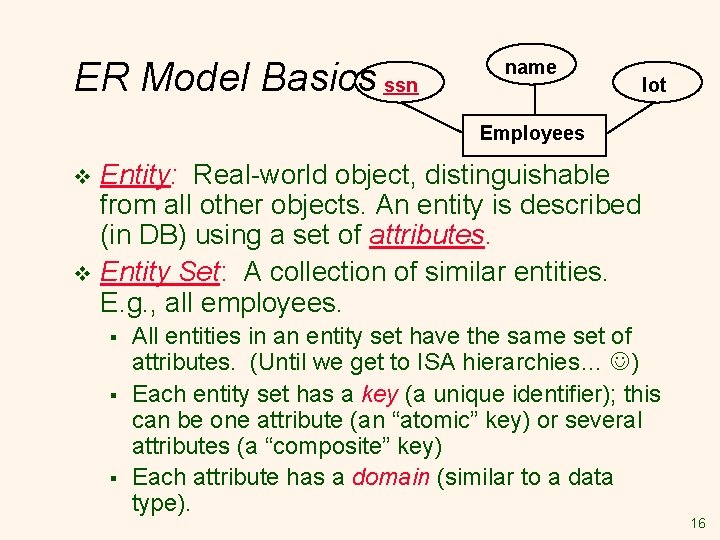 ER Model Basics ssn name lot Employees Entity: Real-world object, distinguishable from all other