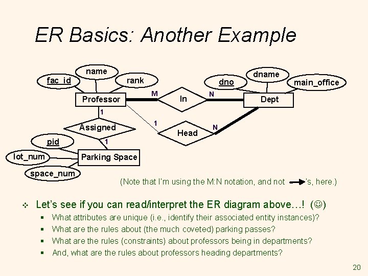ER Basics: Another Example name rank fac_id Professor dno M In N dname main_office