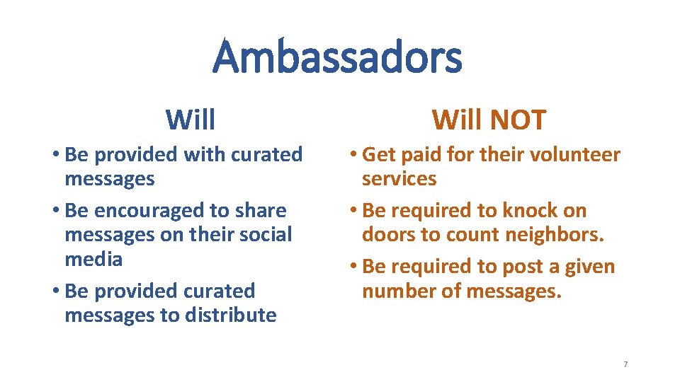Ambassadors Will • Be provided with curated messages • Be encouraged to share messages