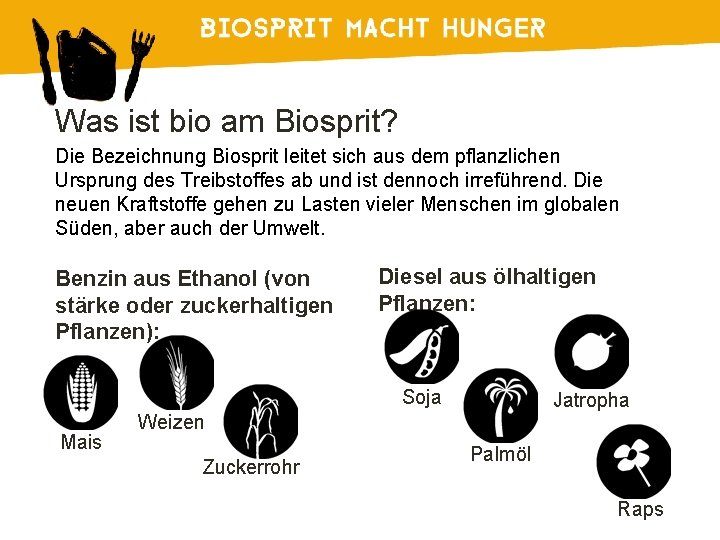 Was ist bio am Biosprit? Die Bezeichnung Biosprit leitet sich aus dem pflanzlichen Ursprung