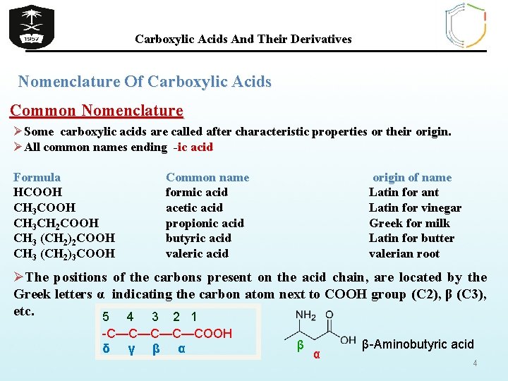 Carboxylic Acids And Their Derivatives Nomenclature Of Carboxylic Acids Common Nomenclature ØSome carboxylic acids