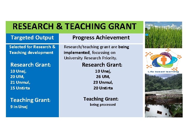 RESEARCH & TEACHING GRANT Targeted Output Selected for Research & Teaching development Research Grant: