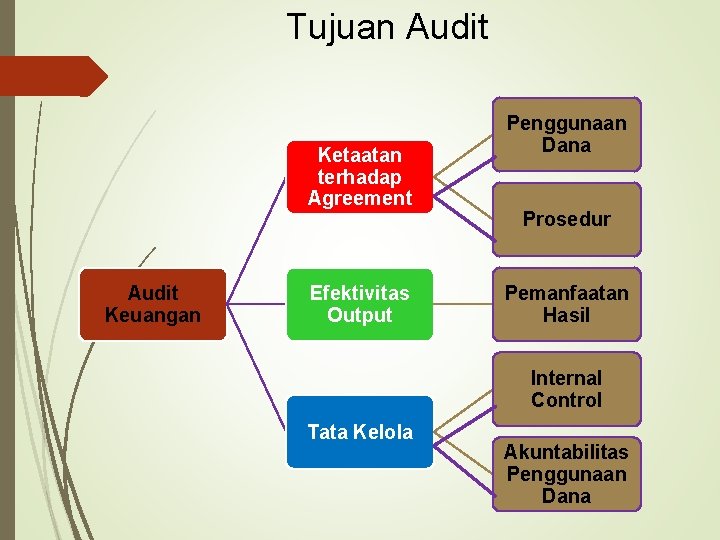 Tujuan Audit Ketaatan terhadap Agreement Audit Keuangan Efektivitas Output Penggunaan Dana Prosedur Pemanfaatan Hasil