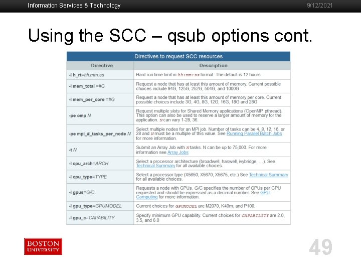 Information Services & Technology 9/12/2021 Using the SCC – qsub options cont. 49 