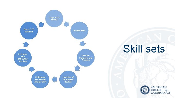 Large bore access Basic CTO skill sets Access sites Left Main and Bifurcation stenting