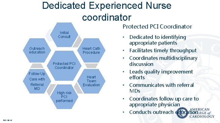 Dedicated Experienced Nurse coordinator Protected PCI Coordinator Initial Consult Outreach education Heart Cath Procedure