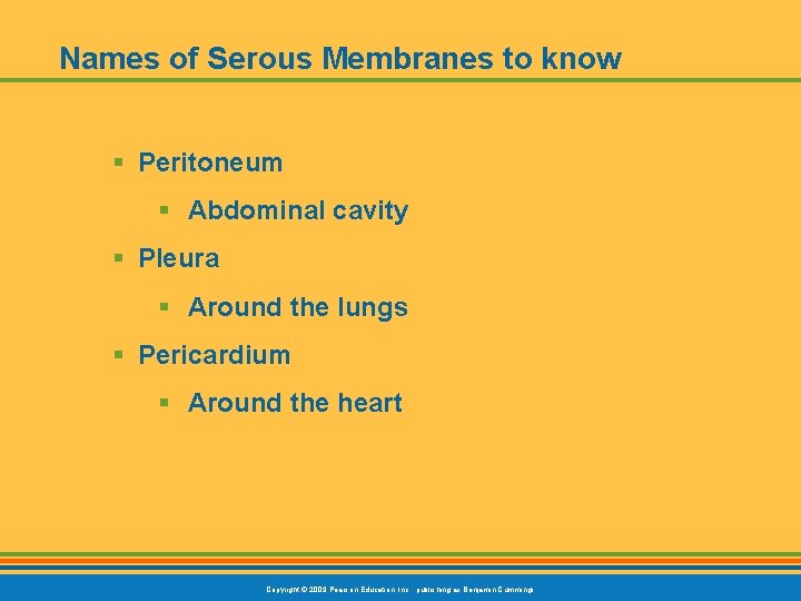 Names of Serous Membranes to know § Peritoneum § Abdominal cavity § Pleura §