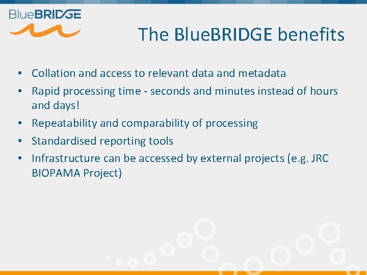 The Blue. BRIDGE benefits • Collation and access to relevant data and metadata •