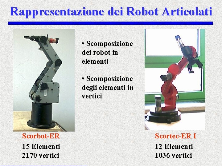 Rappresentazione dei Robot Articolati • Scomposizione dei robot in elementi • Scomposizione degli elementi