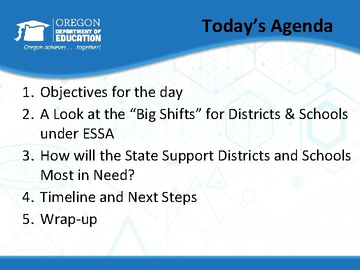 Today’s Agenda 1. Objectives for the day 2. A Look at the “Big Shifts”