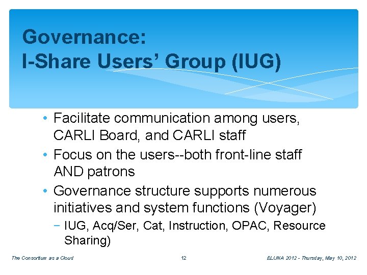 Governance: I-Share Users’ Group (IUG) • Facilitate communication among users, CARLI Board, and CARLI