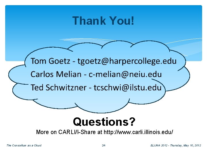 Thank You! Questions? More on CARLI/I-Share at http: //www. carli. illinois. edu/ The Consortium