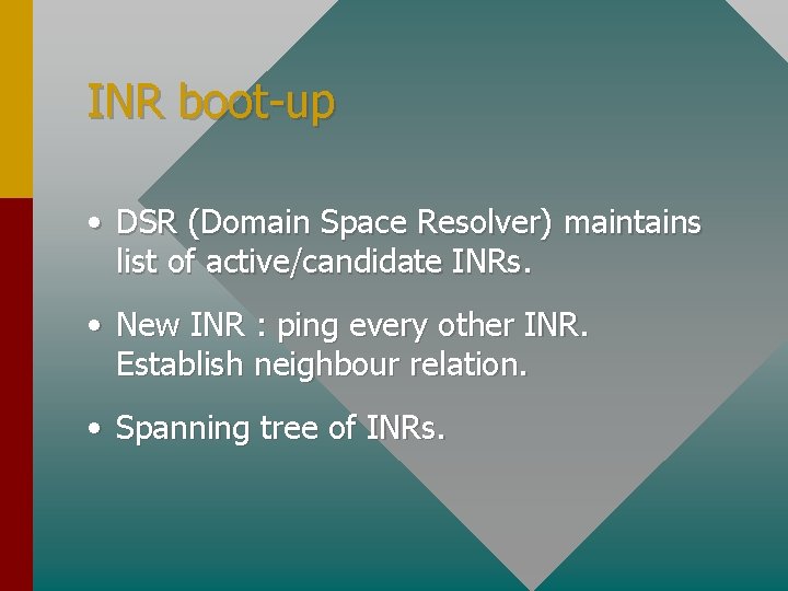INR boot-up • DSR (Domain Space Resolver) maintains list of active/candidate INRs. • New
