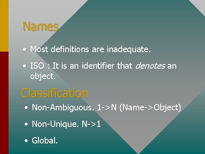 Names • Most definitions are inadequate. • ISO : It is an identifier that