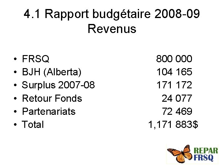 4. 1 Rapport budgétaire 2008 -09 Revenus • • • FRSQ BJH (Alberta) Surplus