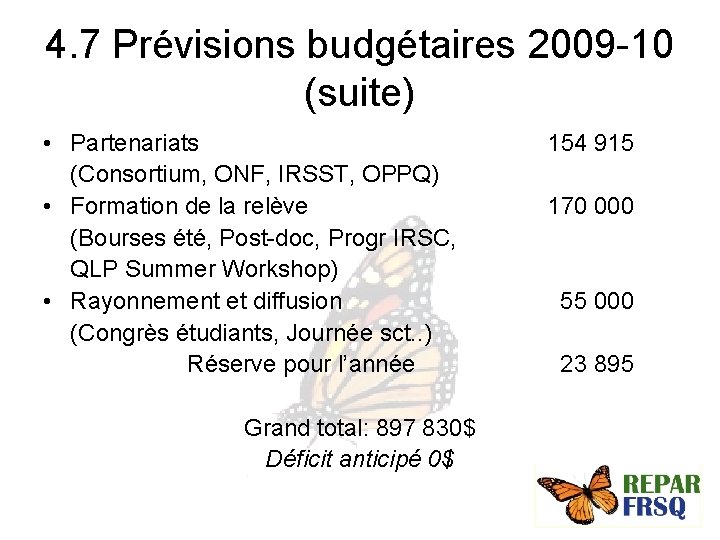 4. 7 Prévisions budgétaires 2009 -10 (suite) • Partenariats (Consortium, ONF, IRSST, OPPQ) •