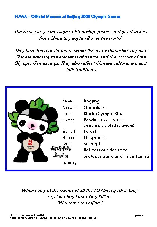 FUWA – Official Mascots of Beijing 2008 Olympic Games The Fuwa carry a message