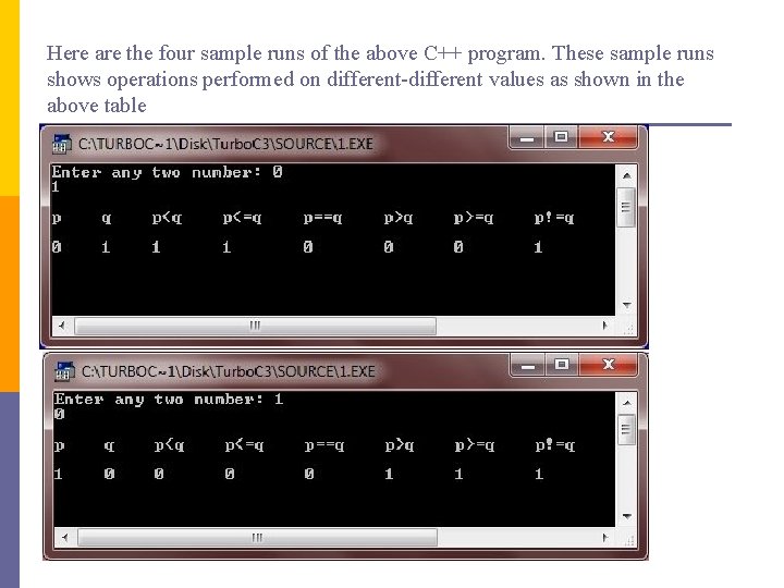 Here are the four sample runs of the above C++ program. These sample runs