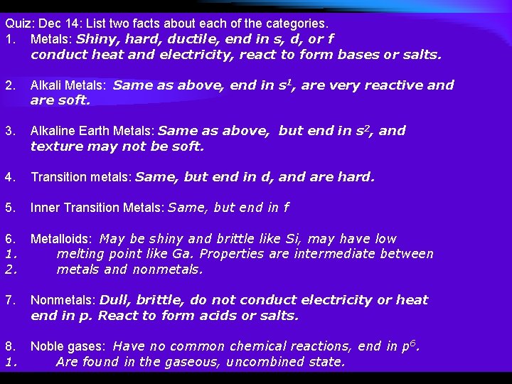 Quiz: Dec 14: List two facts about each of the categories. 1. Metals: Shiny,