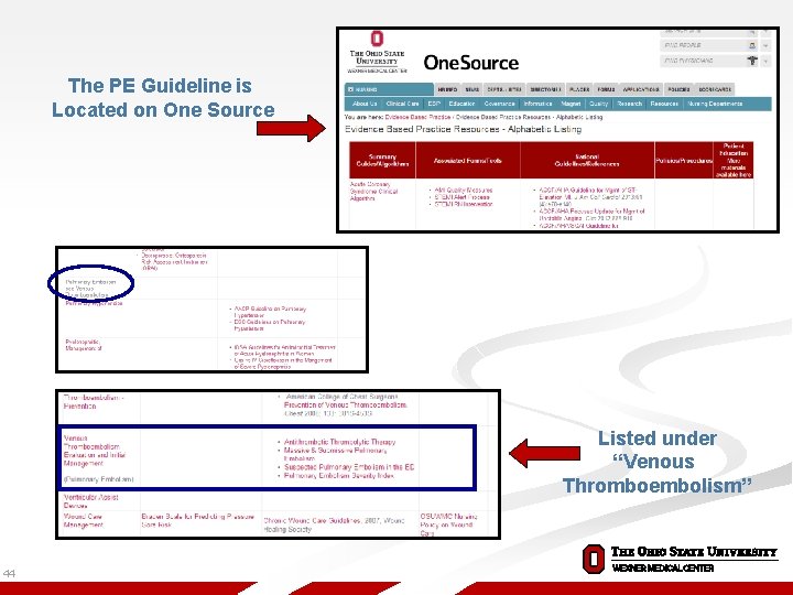 The PE Guideline is Located on One Source Listed under “Venous Thromboembolism” 44 