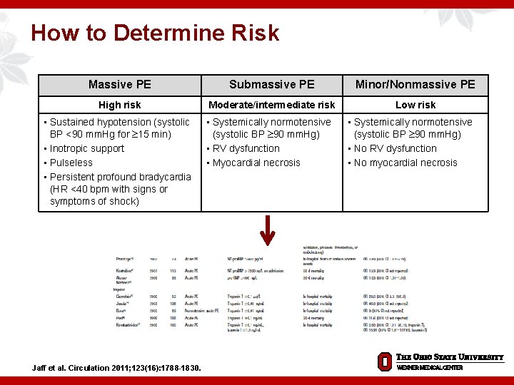 How to Determine Risk Massive PE Submassive PE Minor/Nonmassive PE High risk Moderate/intermediate risk