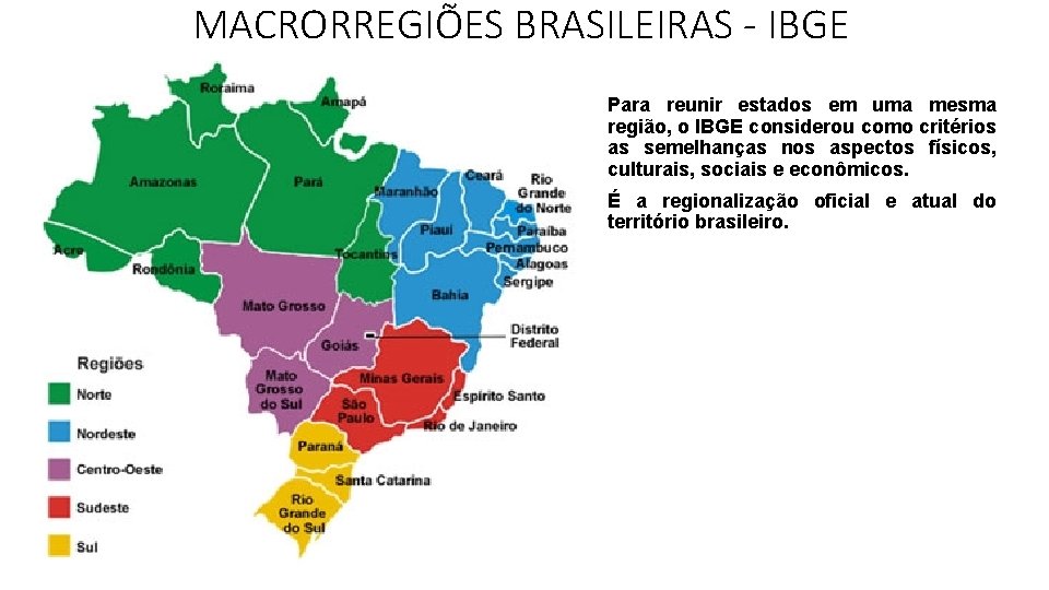 MACRORREGIÕES BRASILEIRAS - IBGE Para reunir estados em uma mesma região, o IBGE considerou MACRORREGIÕES BRASILEIRAS - IBGE Para reunir estados em uma mesma região, o IBGE considerou