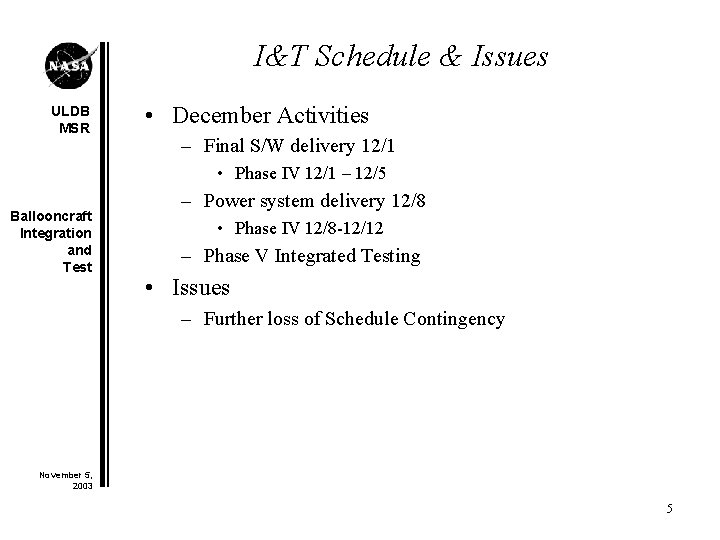 I&T Schedule & Issues ULDB MSR • December Activities – Final S/W delivery 12/1
