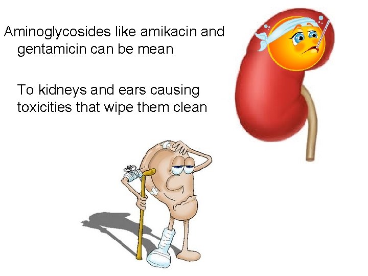 Aminoglycosides like amikacin and gentamicin can be mean To kidneys and ears causing toxicities