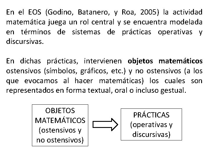 En el EOS (Godino, Batanero, y Roa, 2005) la actividad matemática juega un rol