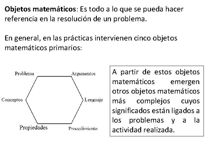 Objetos matemáticos: Es todo a lo que se pueda hacer referencia en la resolución