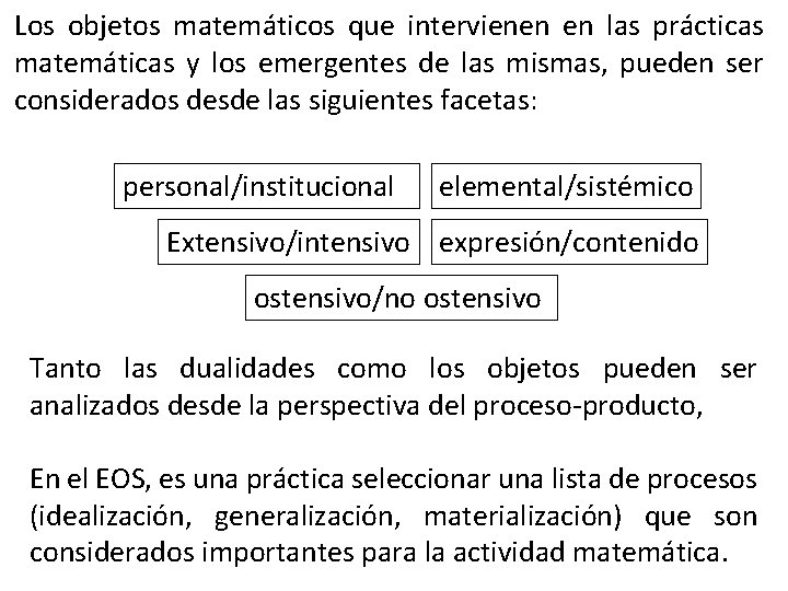 Los objetos matemáticos que intervienen en las prácticas matemáticas y los emergentes de las