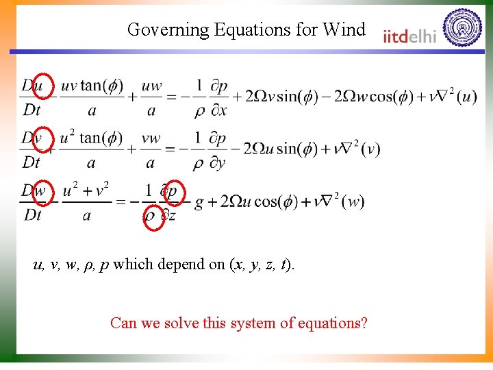 Governing Equations for Wind u, v, w, ρ, p which depend on (x, y,