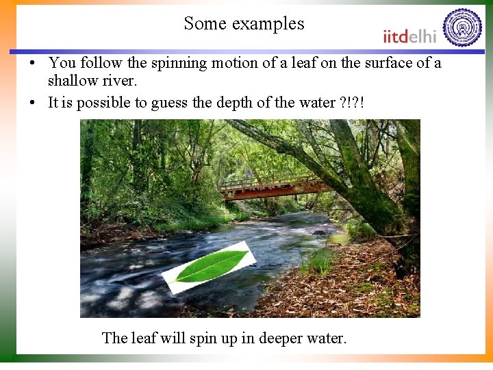 Some examples • You follow the spinning motion of a leaf on the surface
