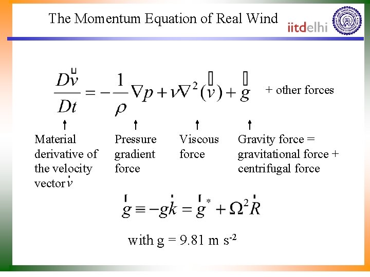 The Momentum Equation of Real Wind + other forces Material derivative of the velocity