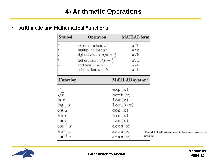 4) Arithmetic Operations • Arithmetic and Mathematical Functions Introduction to Matlab Module #1 Page 4) Arithmetic Operations • Arithmetic and Mathematical Functions Introduction to Matlab Module #1 Page