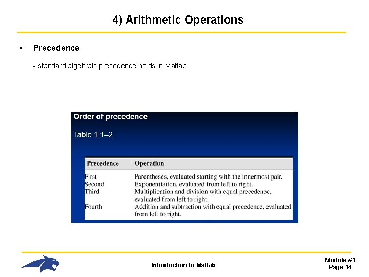 4) Arithmetic Operations • Precedence - standard algebraic precedence holds in Matlab Introduction to 4) Arithmetic Operations • Precedence - standard algebraic precedence holds in Matlab Introduction to