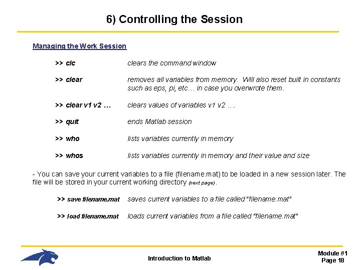 6) Controlling the Session Managing the Work Session >> clc clears the command window 6) Controlling the Session Managing the Work Session >> clc clears the command window