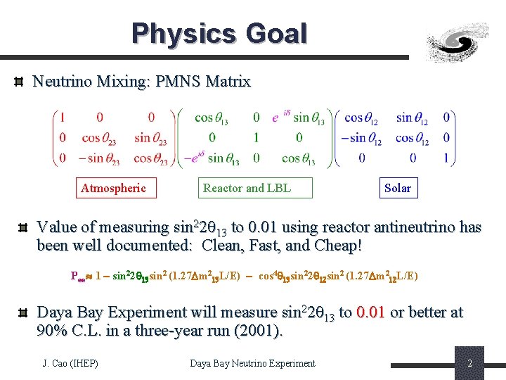 Physics Goal Neutrino Mixing: PMNS Matrix Atmospheric Reactor and LBL Solar Value of measuring