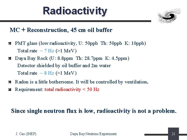 Radioactivity MC + Reconstruction, 45 cm oil buffer PMT glass (low radioactivity, U: 50