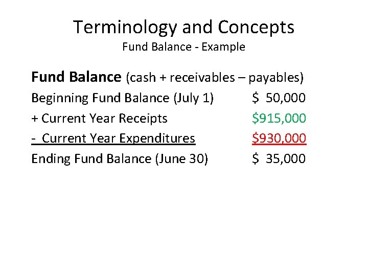 Terminology and Concepts Fund Balance - Example Fund Balance (cash + receivables – payables)