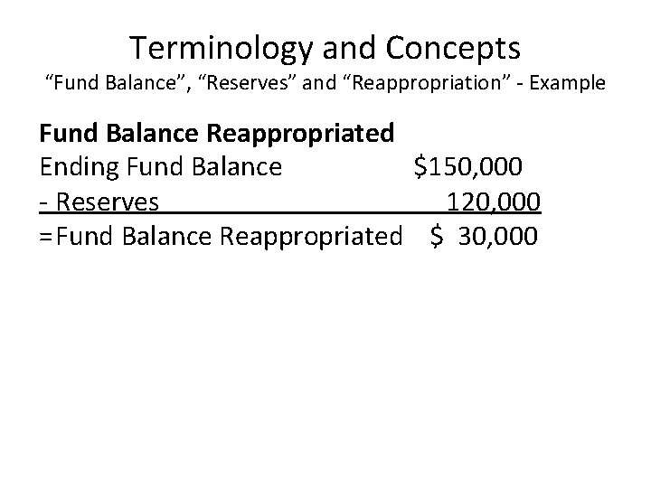 Terminology and Concepts “Fund Balance”, “Reserves” and “Reappropriation” - Example Fund Balance Reappropriated Ending