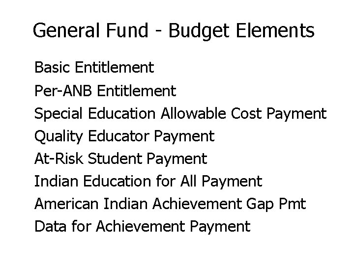 General Fund - Budget Elements Basic Entitlement Per-ANB Entitlement Special Education Allowable Cost Payment