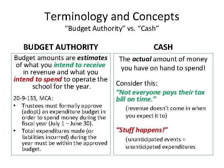 Terminology and Concepts “Budget Authority” vs. “Cash” BUDGET AUTHORITY CASH Budget amounts are estimates