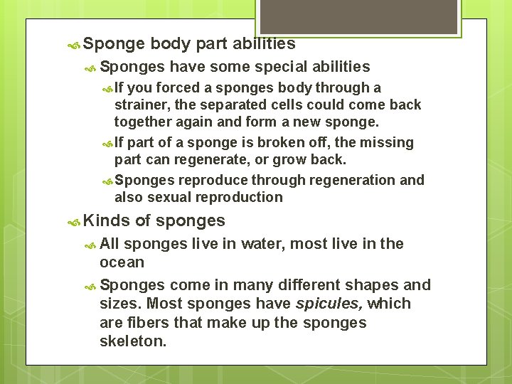  Sponge body part abilities Sponges have some special abilities If you forced a