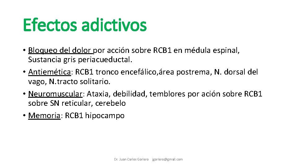 Efectos adictivos • Bloqueo del dolor por acción sobre RCB 1 en médula espinal,