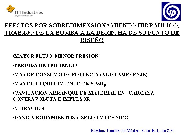 EFECTOS POR SOBREDIMENSIONAMIENTO HIDRAULICO, TRABAJO DE LA BOMBA A LA DERECHA DE SU PUNTO