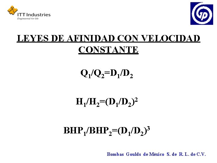 LEYES DE AFINIDAD CON VELOCIDAD CONSTANTE Q 1/Q 2=D 1/D 2 H 1/H 2=(D