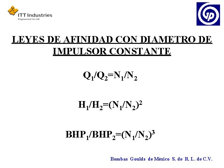 LEYES DE AFINIDAD CON DIAMETRO DE IMPULSOR CONSTANTE Q 1/Q 2=N 1/N 2 H